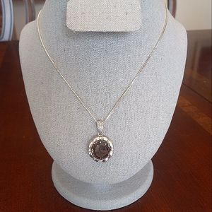 Fancy Smoky Quartz (0.63") & Diamond Pendant w/ 30" Silver Box Chain